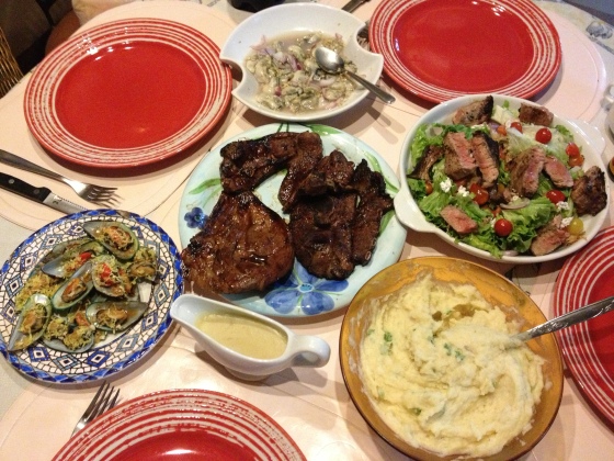 Clockwise: oysters in ginger, chili and onions, grilled lamb, green salad with grilled tuna steaks, mashed potatoes and baked tahong